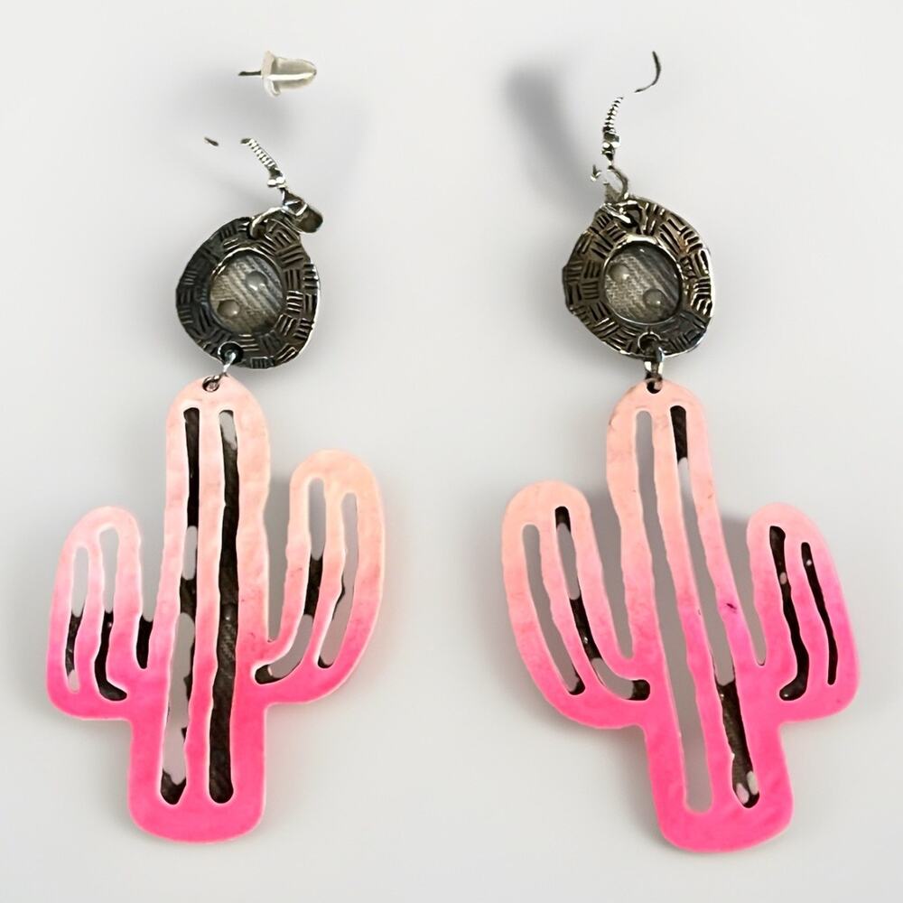 Neon Pink Ombre Cactus Dangle Earrings Silver Tone Accents Western Southwestern